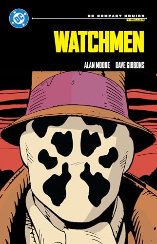 Watchmen comic cover featuring Rorschach’s mask and hat against a red background.
