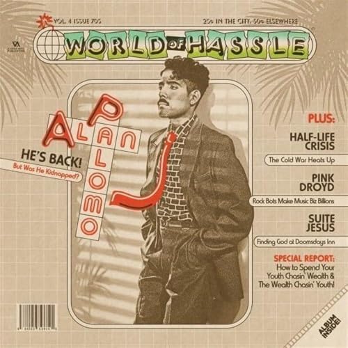Album cover for Alan Palomo’s “World of Hassle” featuring a portrait and text.