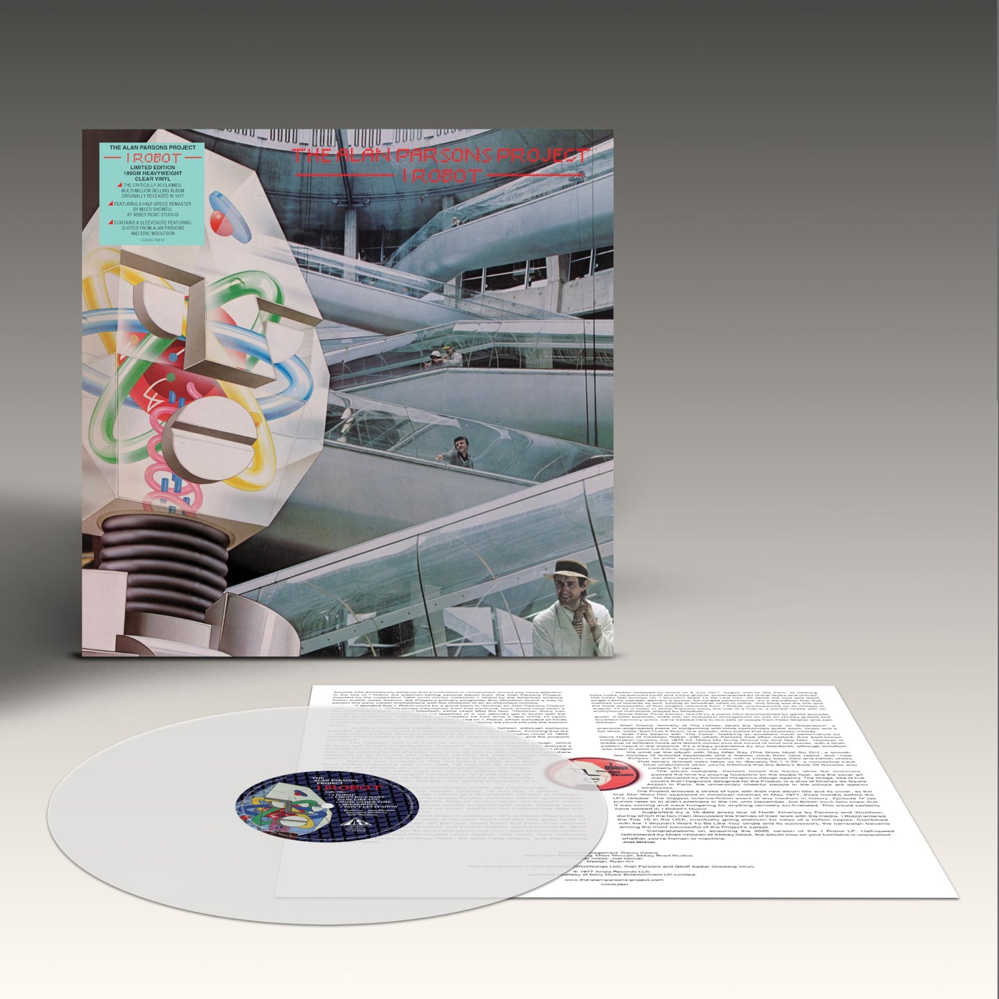 Clear vinyl record of "I Robot" by The Alan Parsons Project, with cover art.