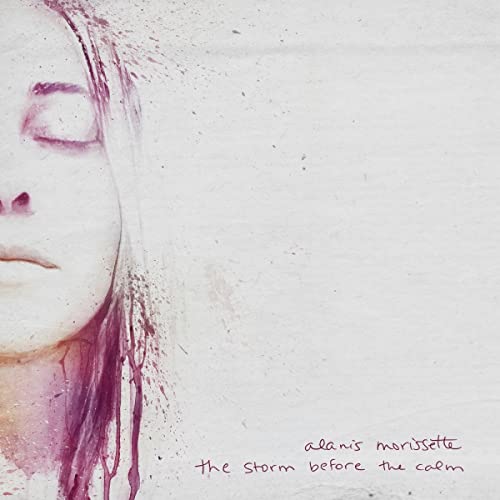 Watercolor portrait of Alanis Morissette with red streaks, album cover.