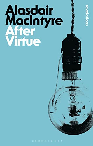 Book cover for After Virtue by Alasdair MacIntyre featuring a hanging lightbulb on blue.