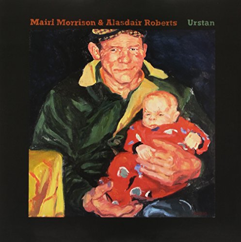 Painting of a man in a cap holding a baby in a red outfit.