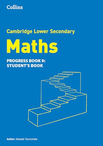 Blue textbook cover with “Maths Progress Book 9” and staircase graphic.