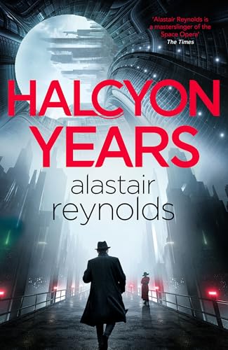 Book cover showing two figures in coats walking down a futuristic, foggy city street.