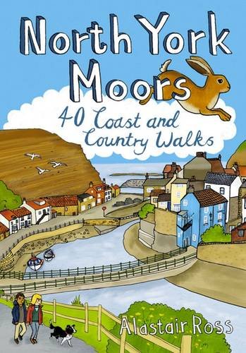 Illustrated book cover of North York Moors walks guide with cartoon village and river scene.