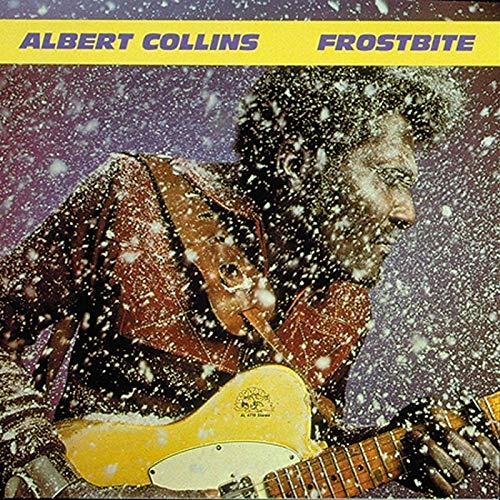 Albert Collins portrait with snowflakes, holding a yellow electric guitar.