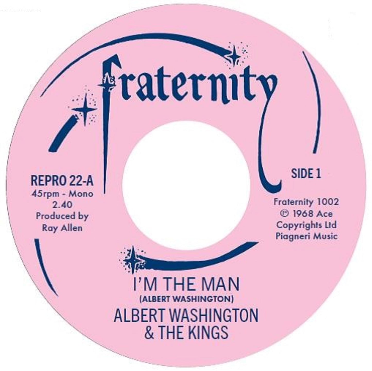 Pink vinyl record label with blue text: “fraternity” and “I’m The Man”.