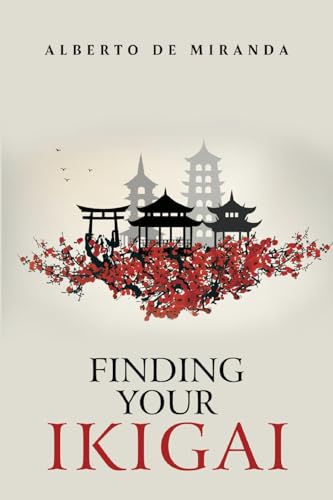 Book cover with Japanese architecture, cherry blossoms, and title "Finding Your Ikigai".