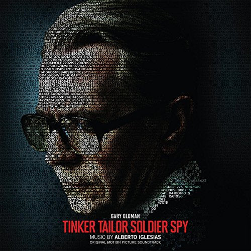 Close-up of a man’s face composed of numbers and text, film soundtrack cover.