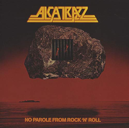 Alcatrazz album cover: rock formation with prison bars, red ocean.