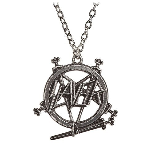 Silver pendant necklace with a pentagram, crossed swords, and "SLAYER" text.