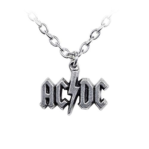 Pewter AC/DC logo pendant on a silver chain against a white background.
