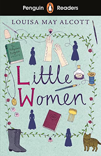 Penguin Reader cover for “Little Women” with illustrations of objects and figures.