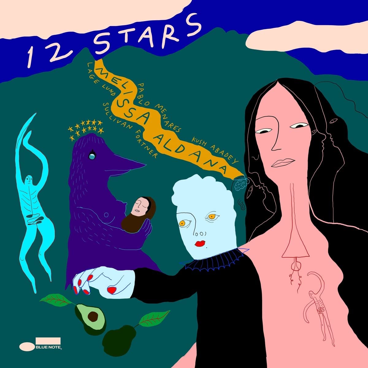 CD cover for Aldana Melissa’s “12 Stars” with surreal, colorful illustration.