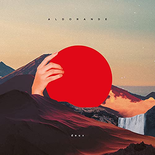 Album cover: hand reaching for a red sun over mountains and water.