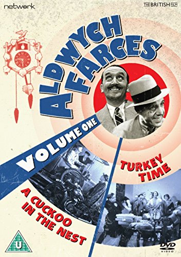 DVD cover for “Aldwych Farces: Volume 1” featuring three actors and a clock.