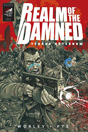 Comic book cover: man with gun amid a horde of zombies.