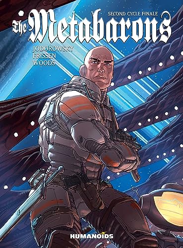 Comic book cover: a bald man in futuristic armor with a sword.
