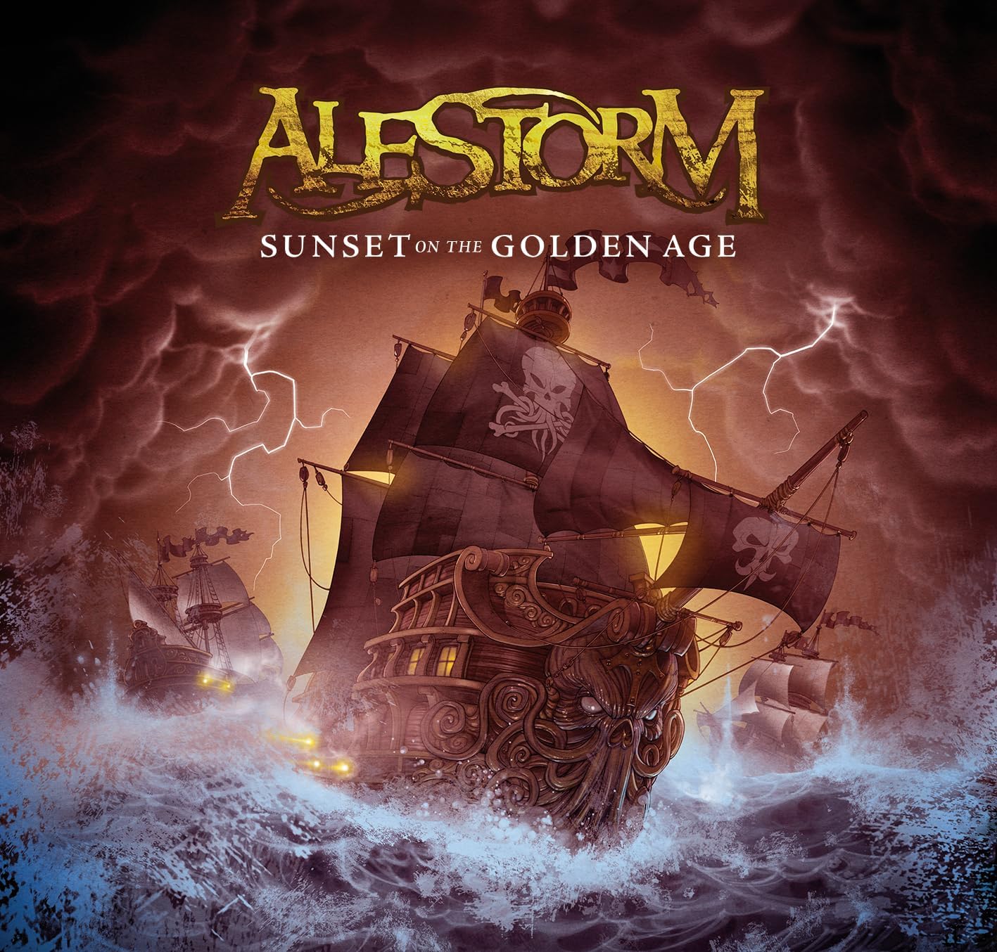 Album cover for Alestorm’s “Sunset On The Golden Age” featuring pirate ships.