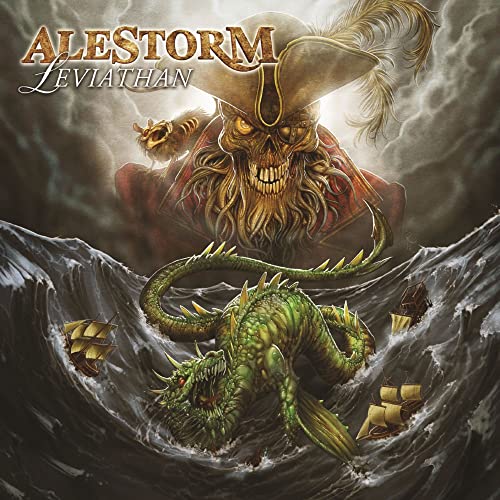 Alestorm's "Leviathan" CD cover: skull pirate, sea serpent, stormy ocean.