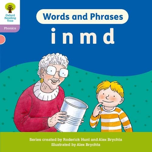 Book cover with a grandmother and child, learning phonics sounds “i n m d”.