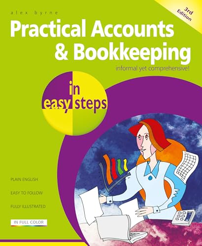 Book cover: "Practical Accounts & Bookkeeping" with illustrated woman and office tools.