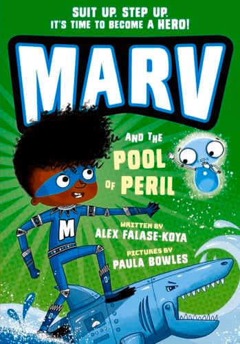 Book cover showing a young superhero standing on a mechanical shark in green water.