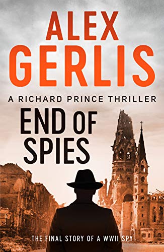 Book cover: man in hat facing ruined city, title "End of Spies".