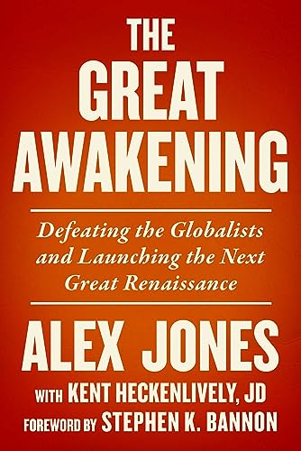 Red book cover with white text: "The Great Awakening" by Alex Jones.