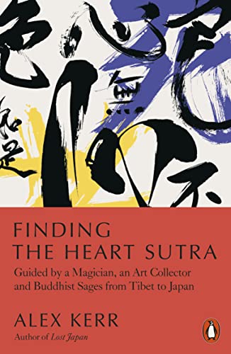 Book cover: abstract calligraphy with red title, "Finding the Heart Sutra.
