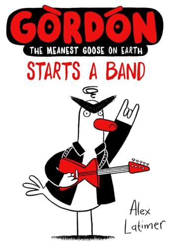 A cartoon goose wearing a leather jacket plays a red electric guitar.