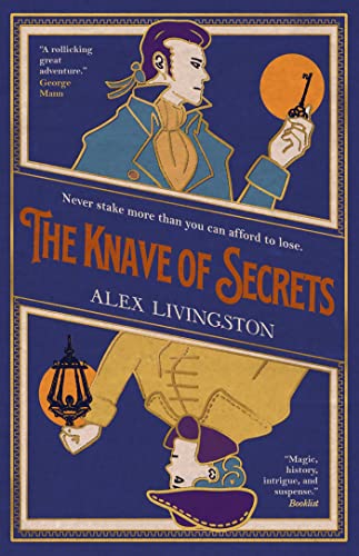 Book cover: illustrated man with key, ornate frame, and title "Knave of Secrets".