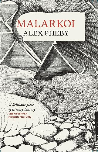 Book cover: "Malarkoi" by Alex Pheby, featuring a bird and geometric shapes.