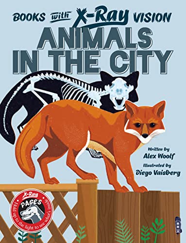 Book cover featuring a fox, cat skeleton, and “Animals in the City” title.