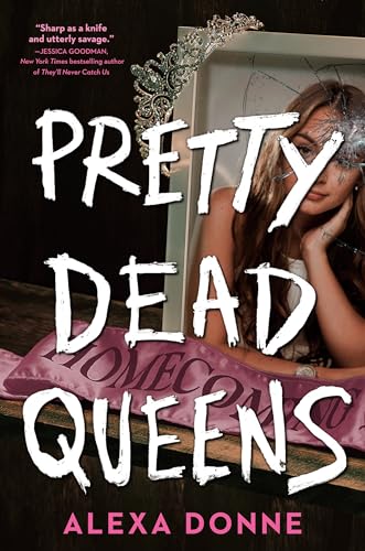 Book cover: "Pretty Dead Queens" with a woman and broken glass imagery.