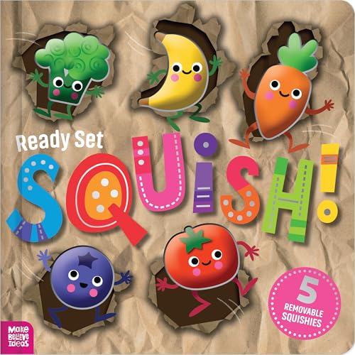 Cartoon fruits and vegetables with smiling faces and arms, plus colorful letters.