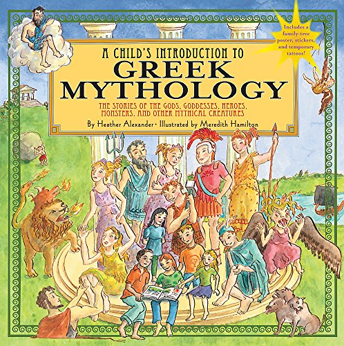 Book cover depicting colorful illustrations of Greek gods, heroes, and mythical creatures.