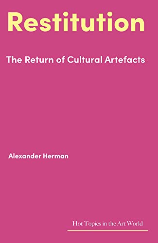 Book cover: “Restitution” by Alexander Herman, pink background.