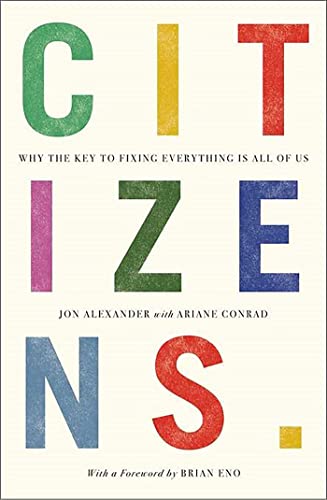 Book cover with the title Citizens in large, colorful, textured letters on cream background.
