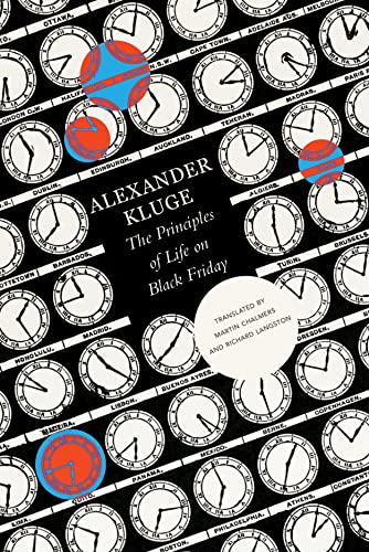 Book cover: clocks, city names, red and blue circles, black background.