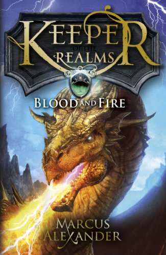 Book cover: a golden dragon breathing fire, stormy sky background.