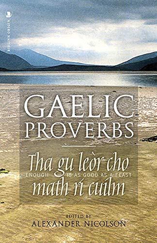 Book cover: "Gaelic Proverbs" with a coastal landscape background.