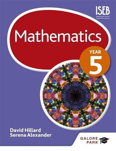 Red and blue “Mathematics Year 5” textbook cover with circular designs.