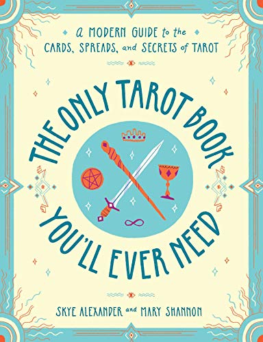 Tarot book cover with circular design featuring a sword, wand, and chalice.