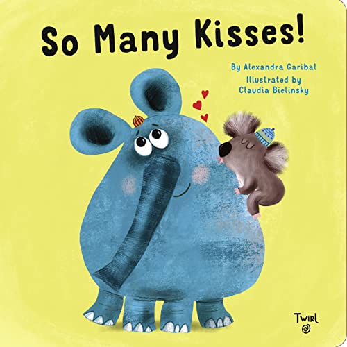 A blue elephant and a small koala on a yellow background with red hearts.