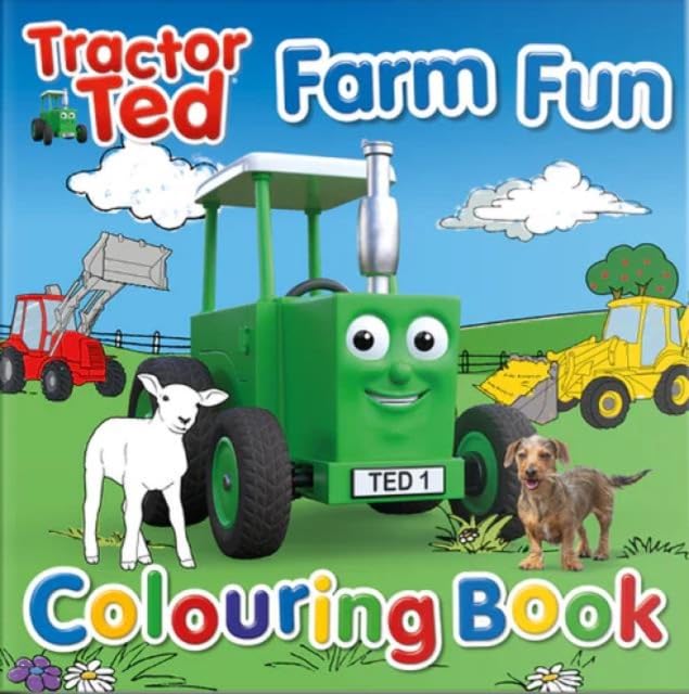 Tractor Ted colouring book cover featuring a green tractor, a lamb, and a dog.