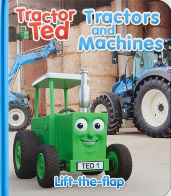 Green toy tractor with smiling face and two larger tractors in background.