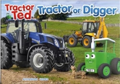 A blue tractor, a yellow digger, and a green cartoon tractor in a field.