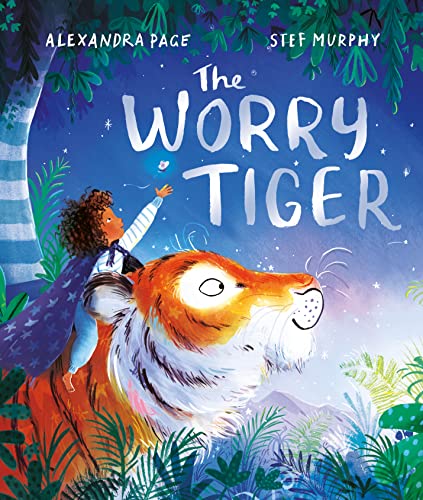 Child riding a friendly orange tiger in a lush, illustrated scene.
