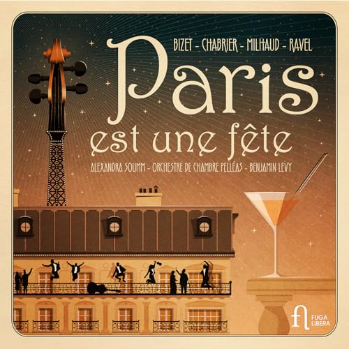 CD cover: violin, Eiffel Tower, Parisian rooftops, and a cocktail glass.